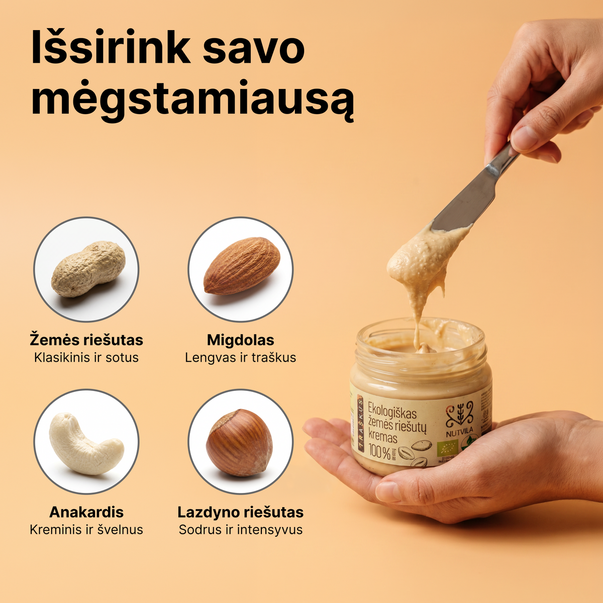 Traškus anakardžių ir migdolų riešutų kremas