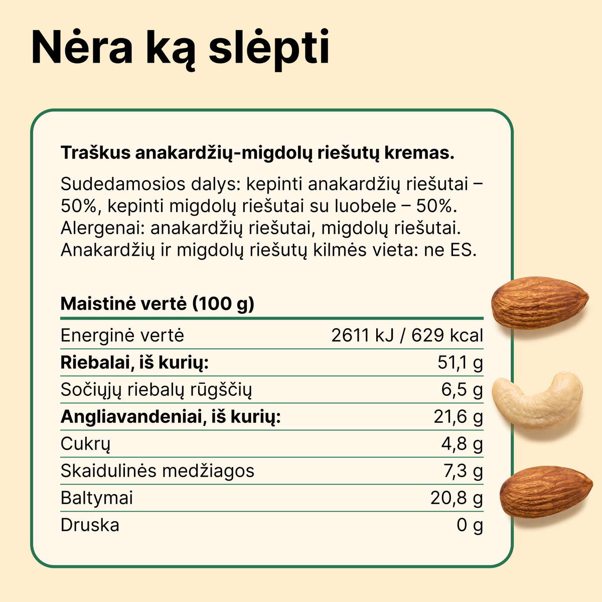 Traškus anakardžių ir migdolų riešutų kremas